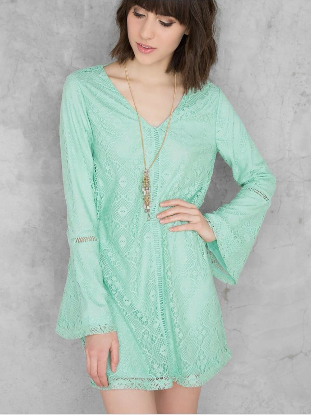 FRANCESCA'S Susy crochet lace mini dress bell sleeve mint green SMALL NWT